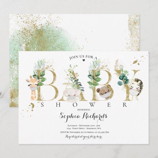Invitation Baby shower Des Animaux De Safari Vert Et Or (Devant / Derrière)