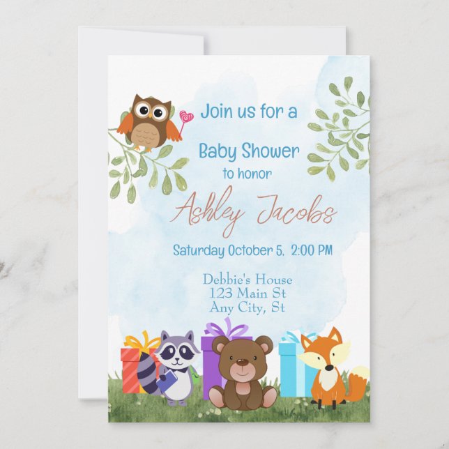 Invitation Baby shower des animaux des bois (Devant)