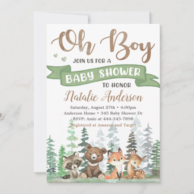 Invitation Baby shower des animaux des bois (Devant)