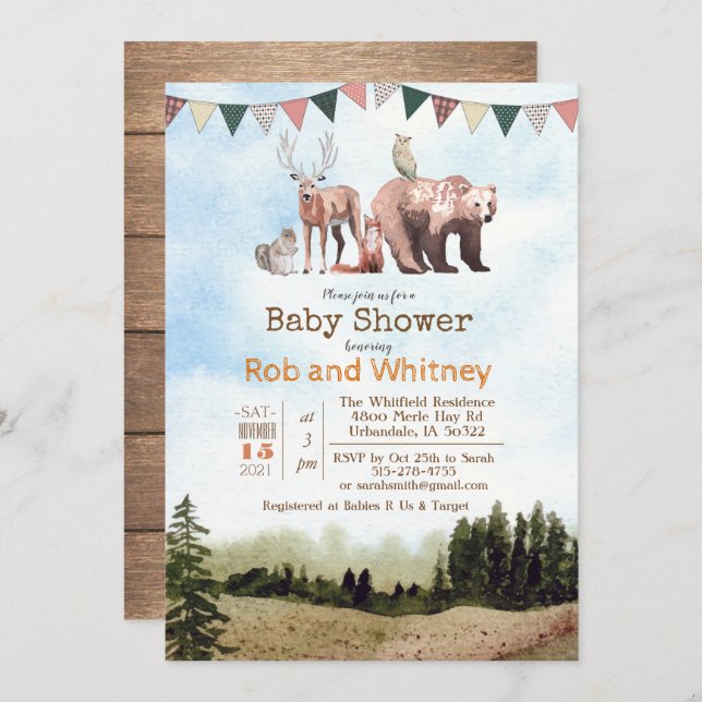 Invitation Baby shower des animaux des bois (Devant / Derrière)