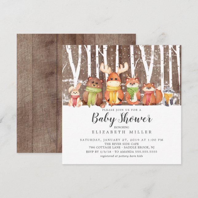 Invitation Baby shower des animaux des bois d'hive (Devant / Derrière)