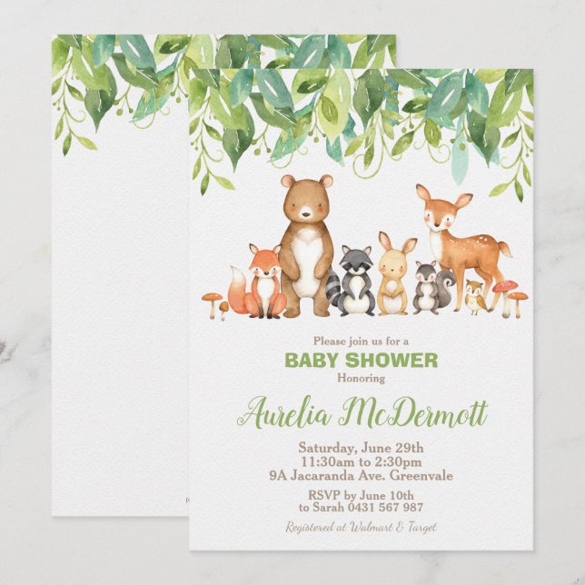 Invitation Baby shower des animaux des forêts Neutralité des  (Devant / Derrière)