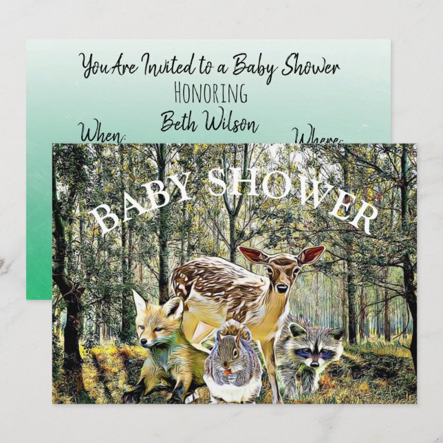 Invitation Baby shower des animaux forestiers (Devant / Derrière)