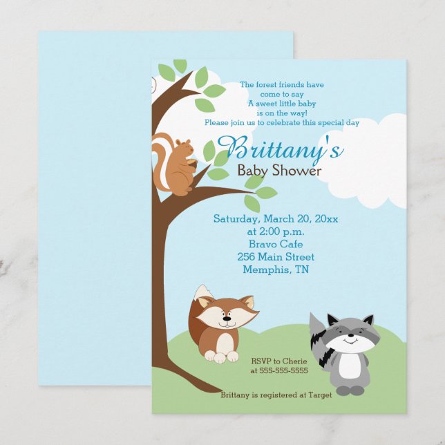 Invitation Baby shower des animaux forestiers (Devant / Derrière)