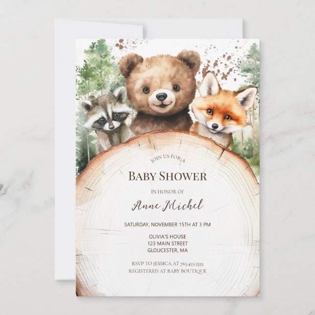 Invitation Baby shower des animaux forestiers (Devant)