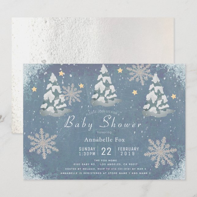 Invitation Baby shower des arbres à flocon de neige en hiver (Devant / Derrière)