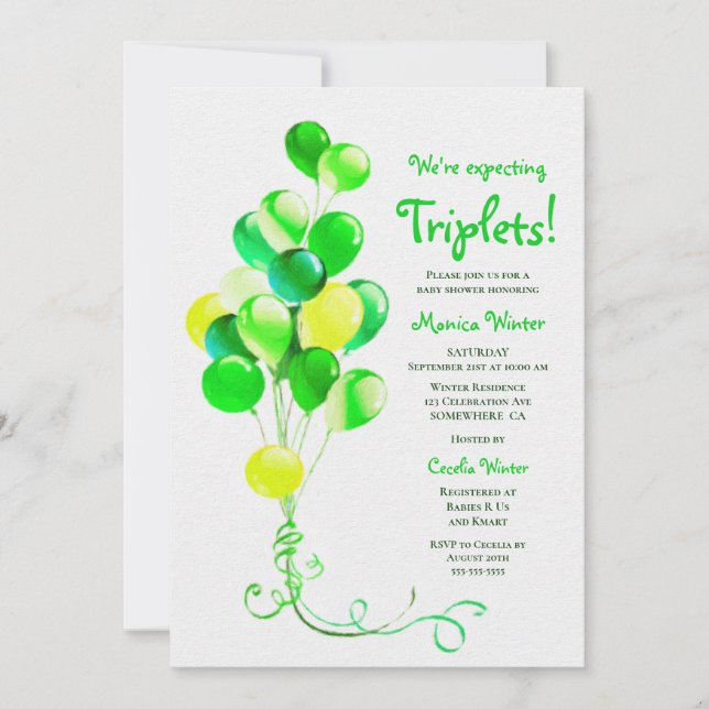 Invitation Baby shower des ballets verts Triplets attendu (Devant)