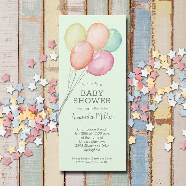 Invitation Baby shower des ballons aquarelles (Watercolor balloons unisex baby shower invitations, PRINTED and/or INSTANT DOWNLOAD)