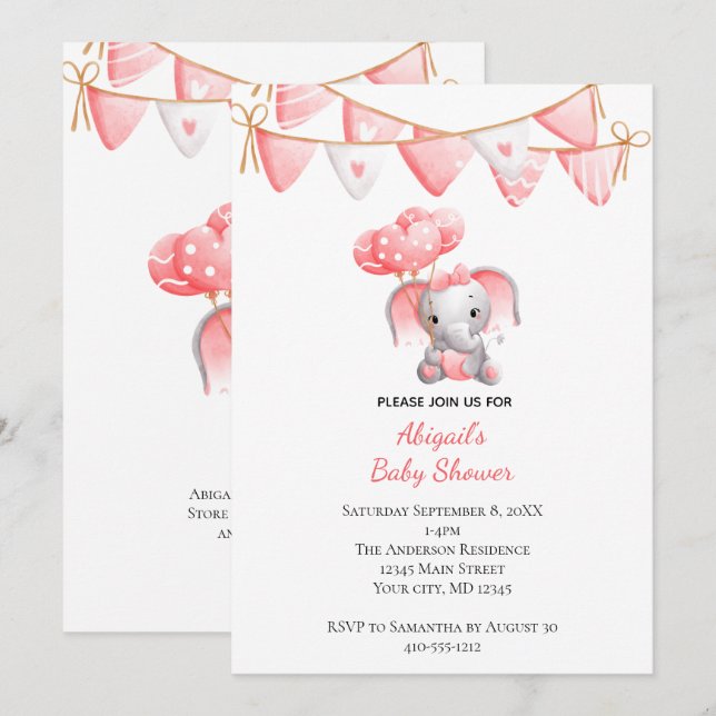 Invitation Baby shower des ballons d'éléphants roses (Devant / Derrière)