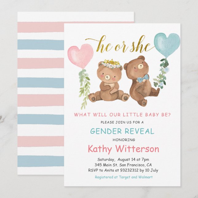 Invitation Baby shower des ballons d'ours révélateurs selon l (Devant / Derrière)