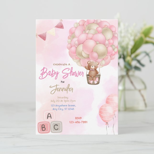 Invitation Baby shower des ballons roses (Debout devant)