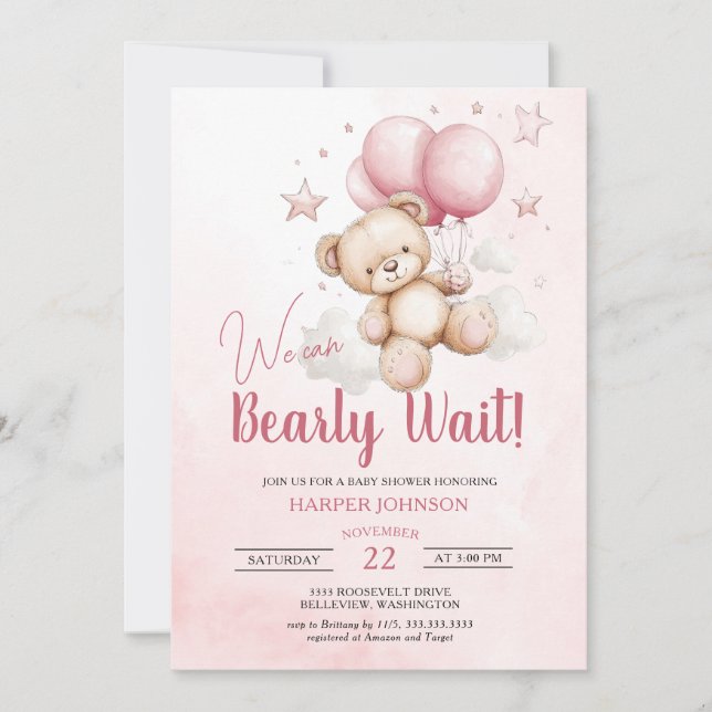 Invitation Baby shower des ballons roses de l'ours en peluche (Devant)