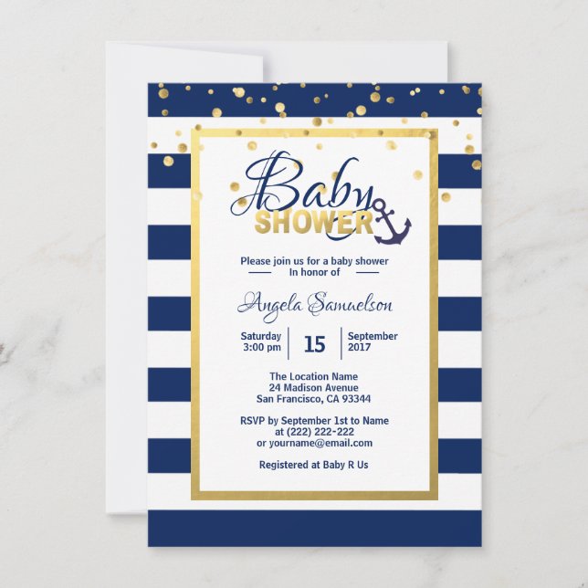 Invitation Baby shower des Blancs Bleus de la Marine d'or Nau (Devant)