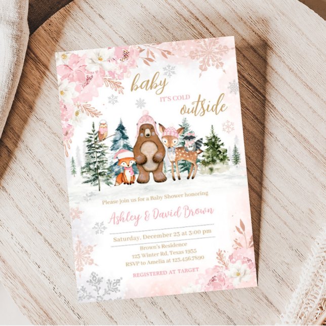 Invitation Baby shower des bois d'hiver pour filles (Pink Baby It's Cold Outside Woodland Baby Shower)