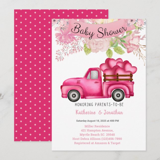Invitation Baby shower des coeurs de charge de camion rose (Devant / Derrière)