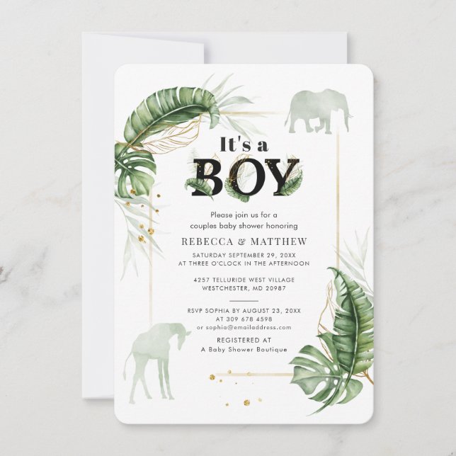 Invitation Baby shower des couples d'éléphants et de girafes (Devant)