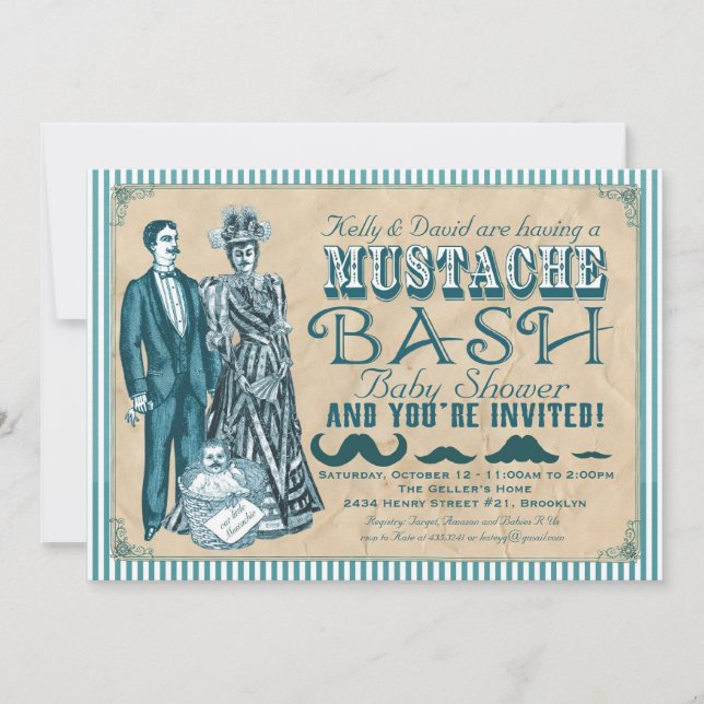 Invitation Baby shower des couples Mustache Bash - Bleu et Bl (Devant)