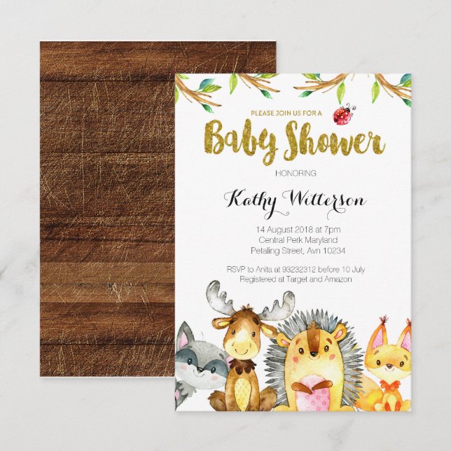 Invitation Baby shower des créatures rustiques des bois (Devant / Derrière)