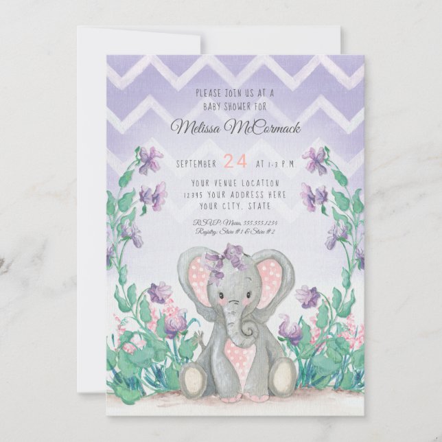 Invitation Baby shower des éléphantes adorables de Lavender (Devant)