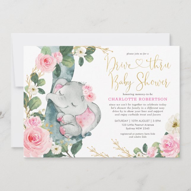 Invitation Baby shower des Eléphantes roses de Drive (Devant)