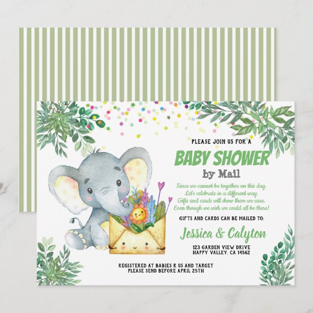 Invitation baby shower des éléphants de verdure par courrier  (Devant / Derrière)