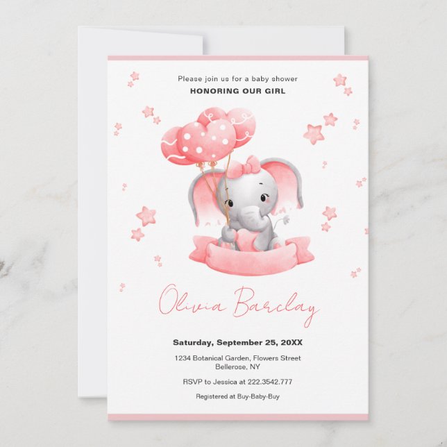 Invitation Baby shower des éléphants et des ballons (Devant)