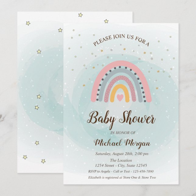 Invitation Baby shower des étoiles arc-en-ciel adorables (Devant / Derrière)