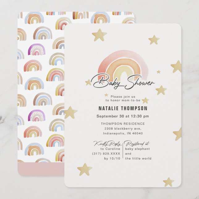Invitation Baby shower des étoiles arc-en-ciel rose (Devant / Derrière)