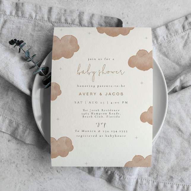 Invitation Baby shower des étoiles de Boho Nuds neutres selon (Gender Neutral Boho Clouds Stars Baby Shower Invitation)