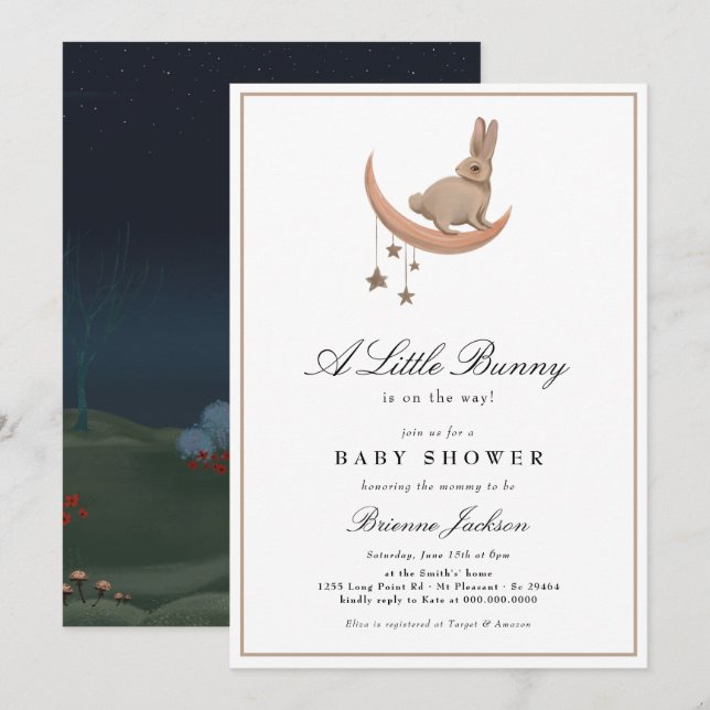 Invitation Baby shower des étoiles de la petite lune de lapin (Devant / Derrière)
