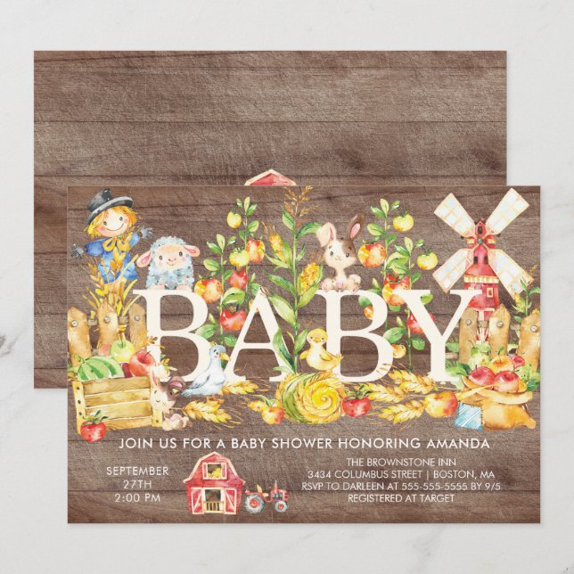 Invitation Baby shower des fermiers mignons (Devant / Derrière)