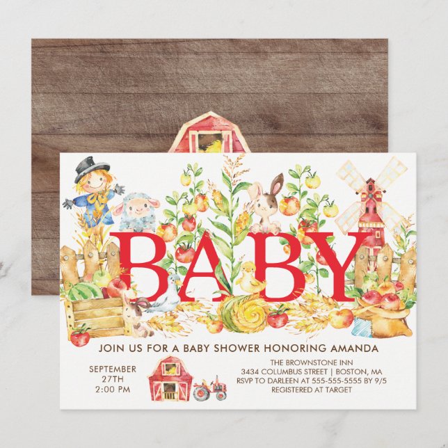 Invitation Baby shower des fermiers mignons (Devant / Derrière)