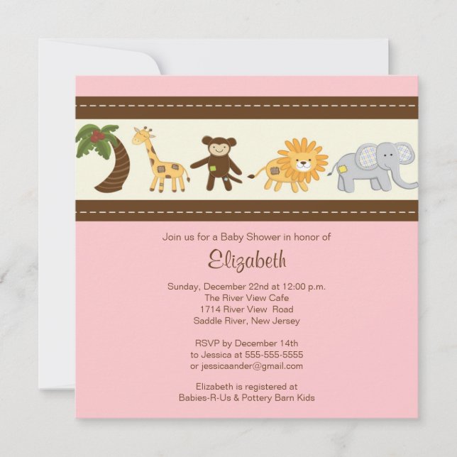 Invitation Baby shower des filles animalières de Jungle Safar (Devant)