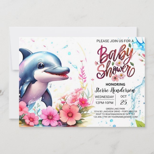 Invitation Baby shower des filles dauphins des vagues Whimsic (Devant)