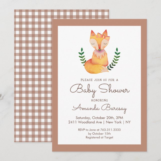 Invitation Baby shower des filles de Fox de bois (Devant / Derrière)