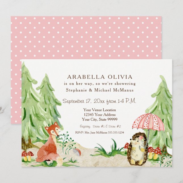 Invitation Baby shower des filles de Hérisson de la forêt de  (Devant / Derrière)