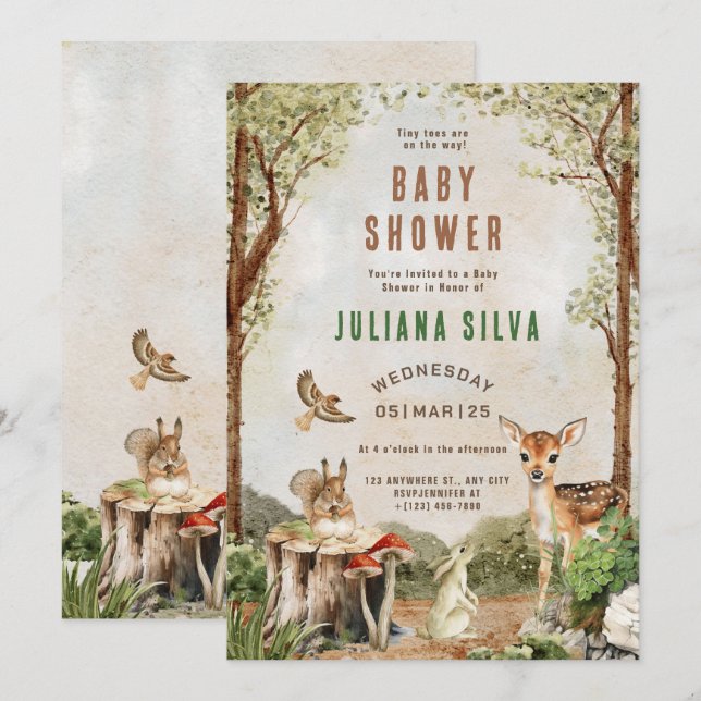 Invitation Baby shower des filles de la forêt (Devant / Derrière)