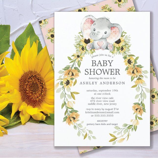 Invitation Baby shower des filles du tournesol et du bébé élé (Créateur téléchargé)