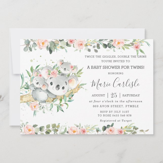 Invitation Baby shower des filles Koala Twin  (Devant)