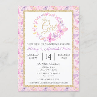 Invitation Baby shower des filles papillons rose et pourpre