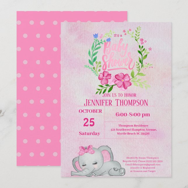 Invitation Baby shower des filles rose éléphant (Devant / Derrière)