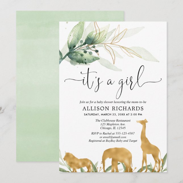 Invitation baby shower des filles, safari, jungle d'or (Devant / Derrière)