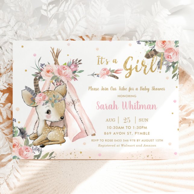 Invitation Baby shower des filles tribales de Deer Boho (Créateur téléchargé)