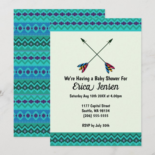 Invitation Baby shower des flèches tribales Abstrait bleu et  (Devant / Derrière)