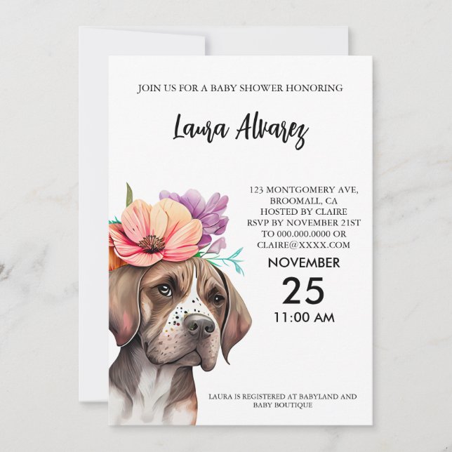 Invitation Baby shower des fleurs d'aquarelle de chien (Devant)