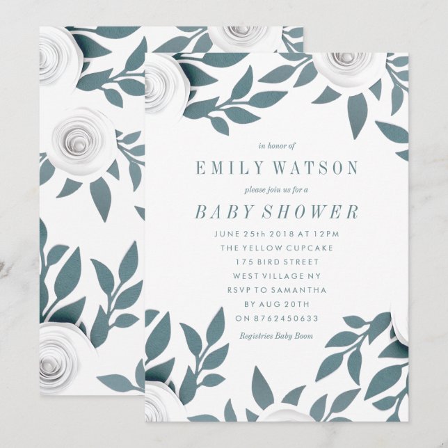 Invitation Baby shower des fleurs de livre blanc (Devant / Derrière)
