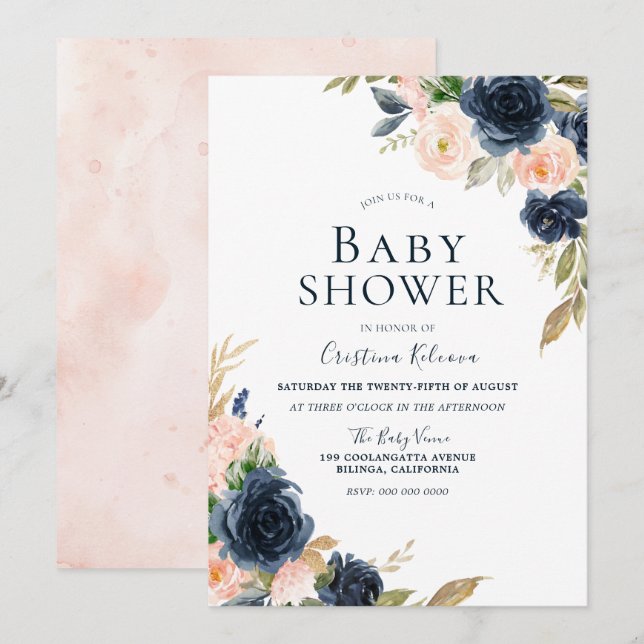 Invitation Baby shower des fleurs de pêche de la marine et de (Devant / Derrière)