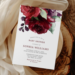 Invitation Baby shower des fleurs de rose rouge de Bourgogne