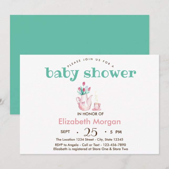 Invitation Baby shower des fleurs de théière (Devant / Derrière)