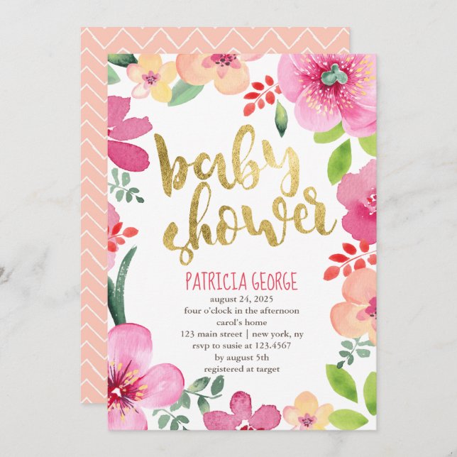 Invitation Baby shower des fleurs roses (Devant / Derrière)